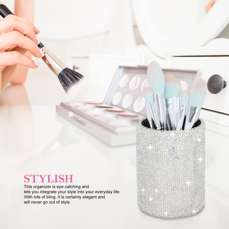 KEYPOWER Crystal Pencil Pen Pot Holder Box Bling Rhinestone Pen Organizer Holder Cosmetic Pencil Container Comb Brushes Personalized (Round) - Image 3